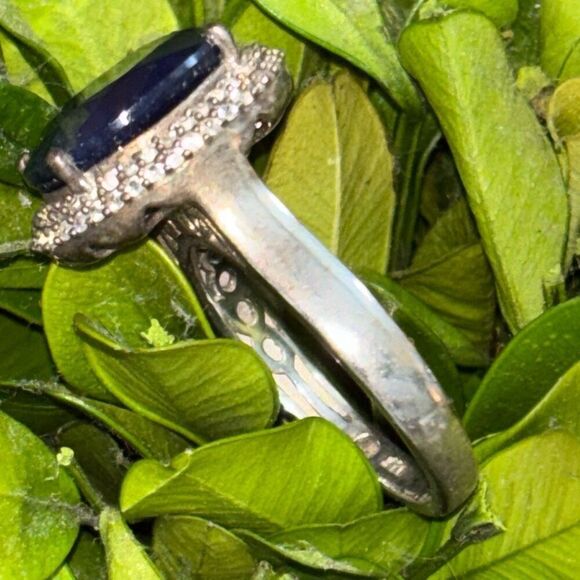 925 Sterling silver Large Dark blue Sapphire & Pave CZ 14mmx12mm,6.78g ring Sz 9 - Picture 2 of 10